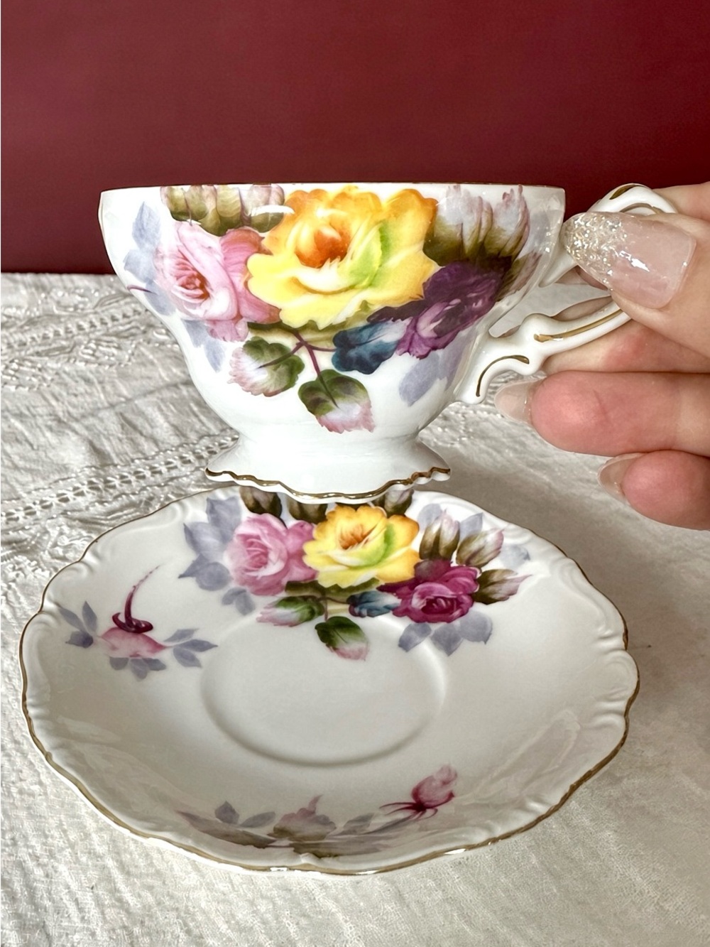 Vintage SAJI Occupied Japan Handpainted Rose Teacup & Saucer 🌹💛